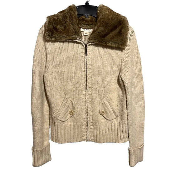 LOFT Sweaters - Ann Taylor Loft Womens Zip Cardigan Sweater Lambswool Faux Fur Collar Beige S